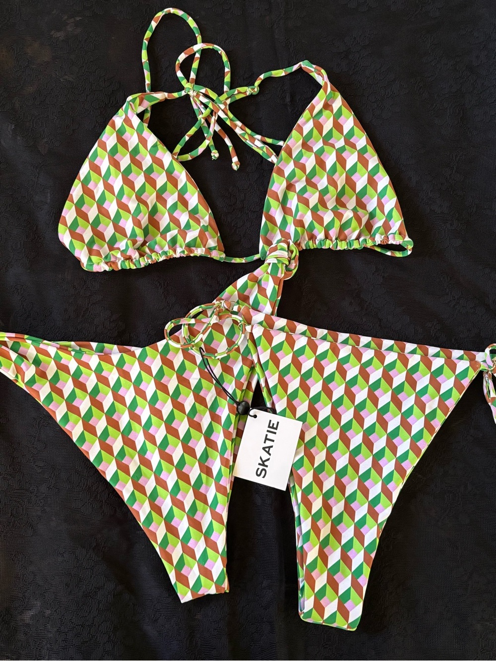 Skatie Geometric Triangle Bikini Set - Green Pink White Ella Harli Suzanne XL